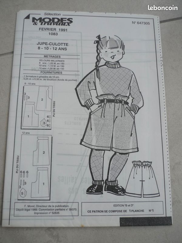Patron De Couture MODES ET TRAVAUX - Jupe-Culotte Pour Fille 4, 6, 8 Ans - Modèle D'Avril 1978 - Occasion