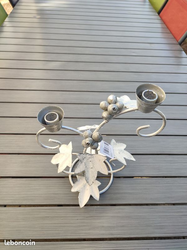 Chandelier déco motifs feuilles blanchies - pour 2 bougies (image 2)