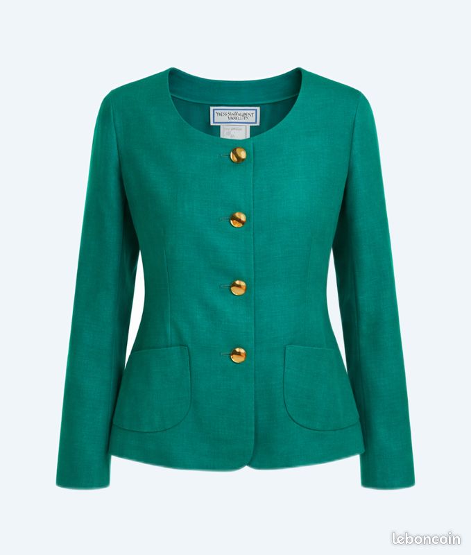 Ensemble tailleur Yves Saint Laurent Variation – Vintage années 80/90 – Lin vert – État parfait (image 1)