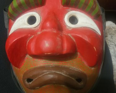 Masque Japonais Démoniaque (Oni) – Sculpture Bois Vintage – Fait Main