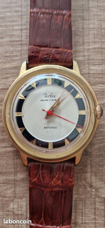 Montre Mécanique Vintage PERFEX - 17 Rubis, Étanche, Boîtier Doré, Cuir Marron