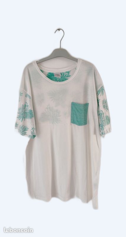 T-shirt blanc original Zara avec des manches et une poche à motifs floraux verts taille XL (image 1)