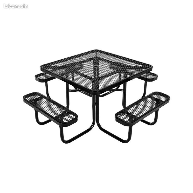 Table de pique-nique carrée VEVOR avec 4 bancs, ensemble de mobilier de jardin résistant aux intempéries pour terrasse, tables en acier revêtu avec trou pour parasol (image 1)