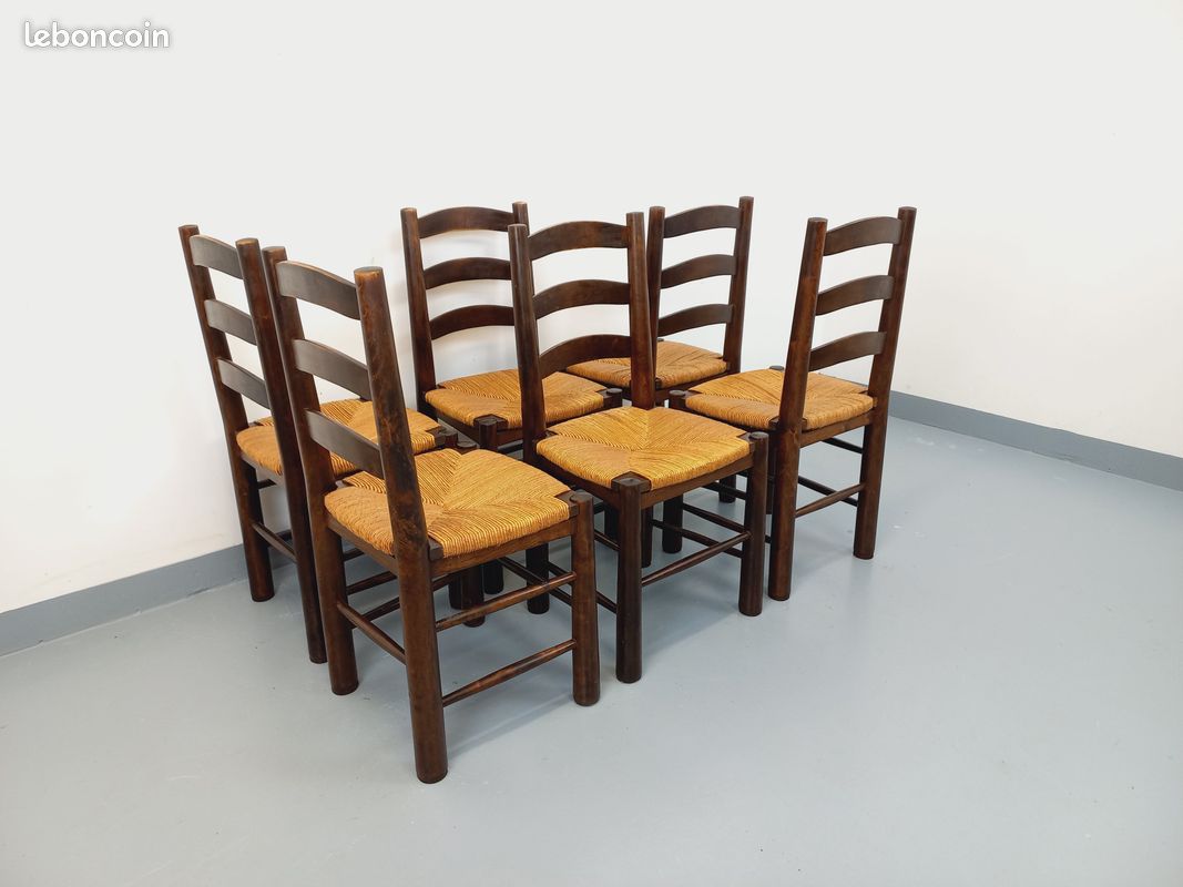 Suite de 6 chaises brutalistes vintage Georges Robert en bois et paille des années 50 60 (image 7)