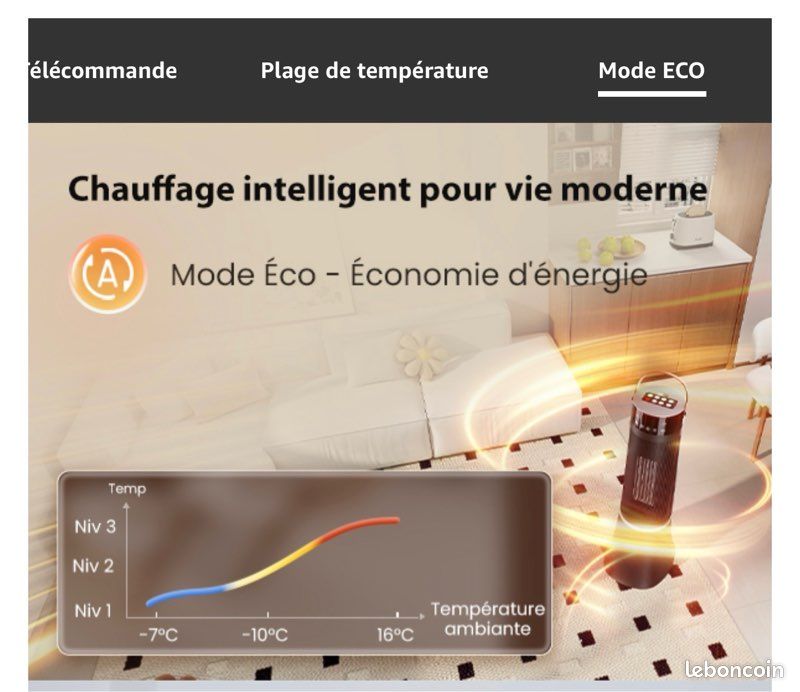 Chauffage d'appoint Économe - 900W PTC Céramique Silencieux,3 Niveaux