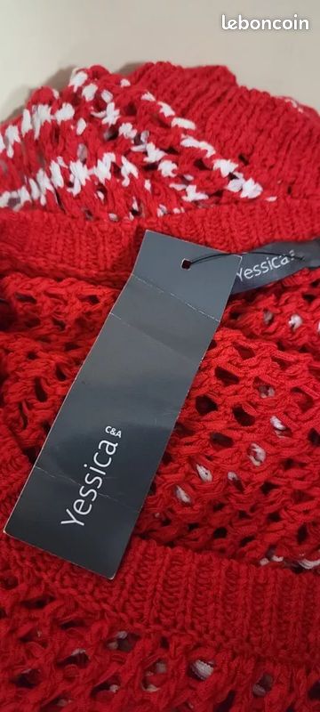 Pull Yessica C&A Rouge Et Blanc - Taille 40 (XL) - Neuf Avec étiquettes - Style Cardigan
