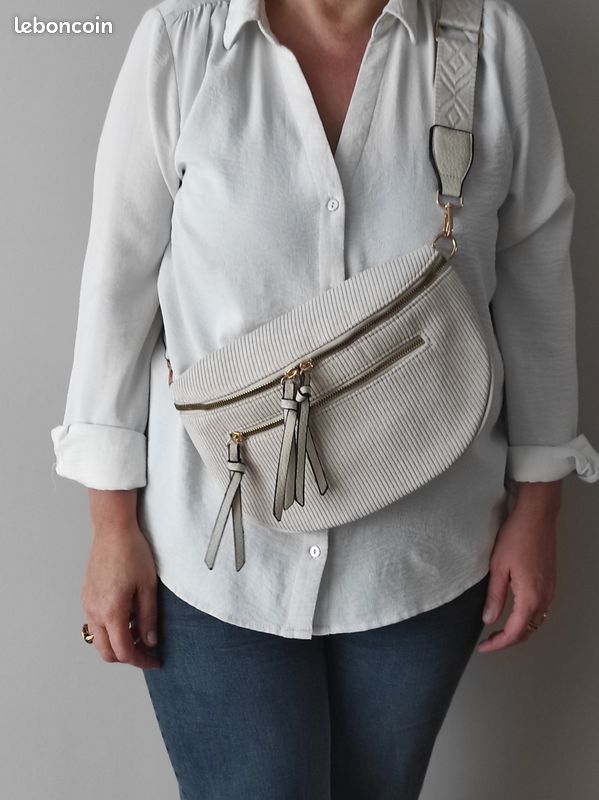 Sac Banane Femme Velours Côtelé Gris Bandoulière Réglable - Accessoires & Bagagerie