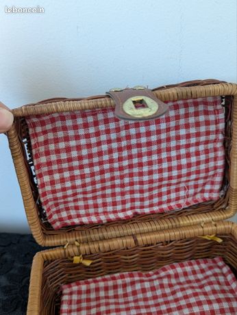 Travailleuse boîte à couture trousse en raphia osier tissu des années