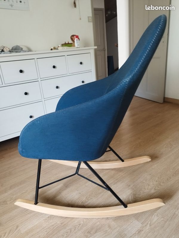Rocking chair / Fauteuil basculant scandinave tissu bleu (image 4)