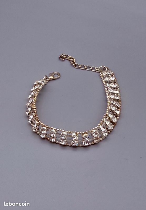 Bracelet Ancien Plaqué Or 2 Tons - Pierres Blanches Scintillantes - Occasion - Origine France