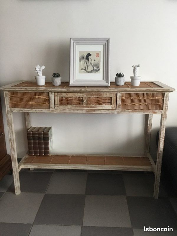 Meuble console style colonial en bois exotique et bambou (image 5)