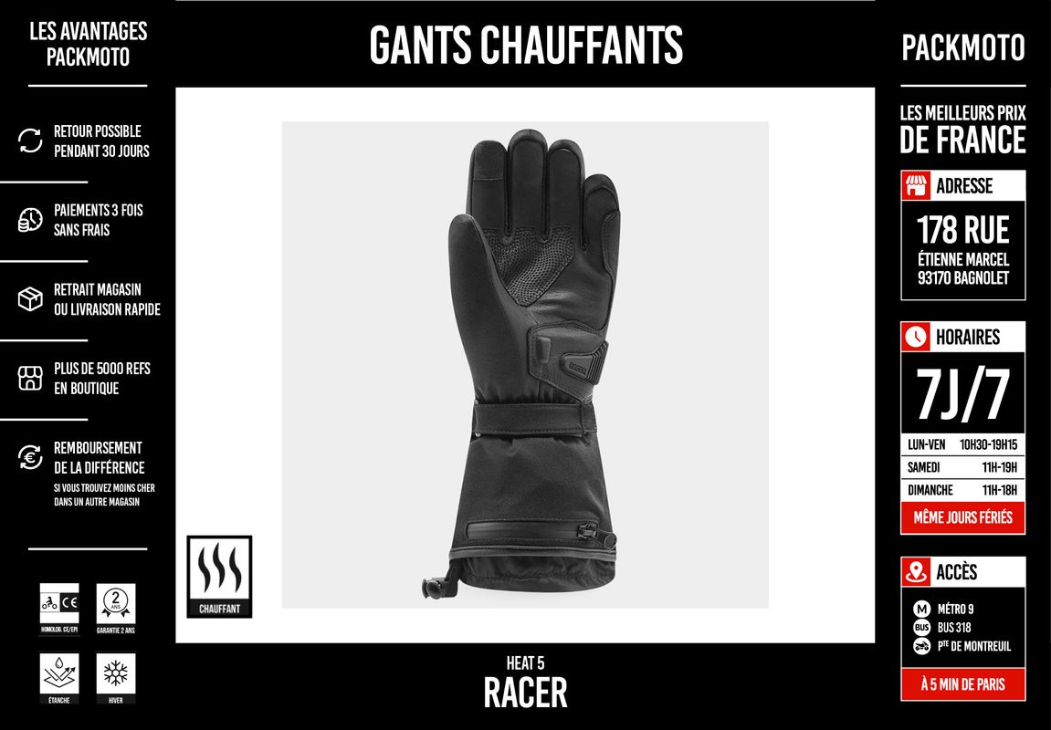 Gants chauffants Racer HEAT5 - Gants Moto Chauffants 