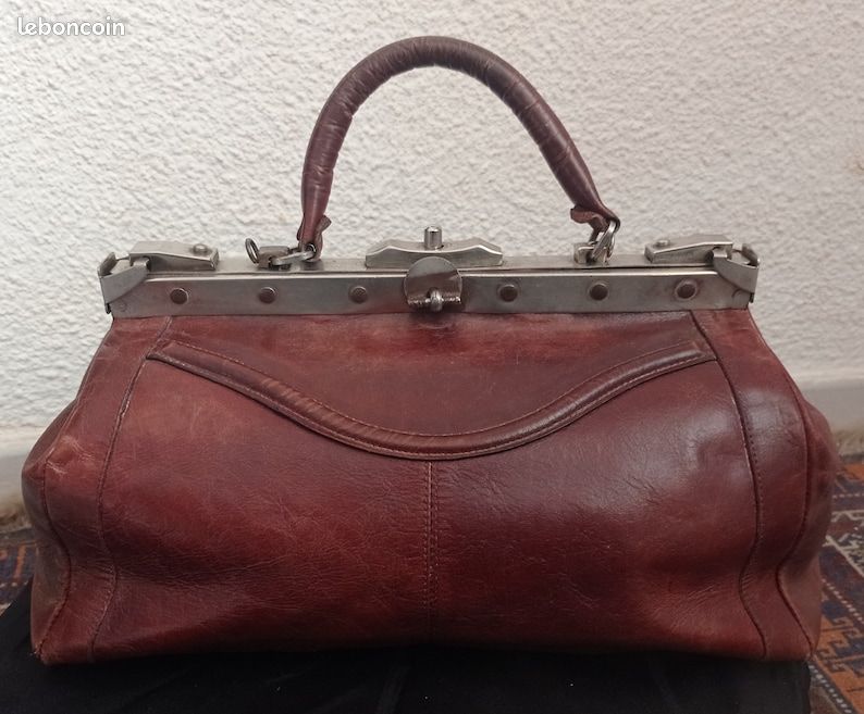 Sac à main vintage en cuir marron style médecin 1950-1960 (image 1)