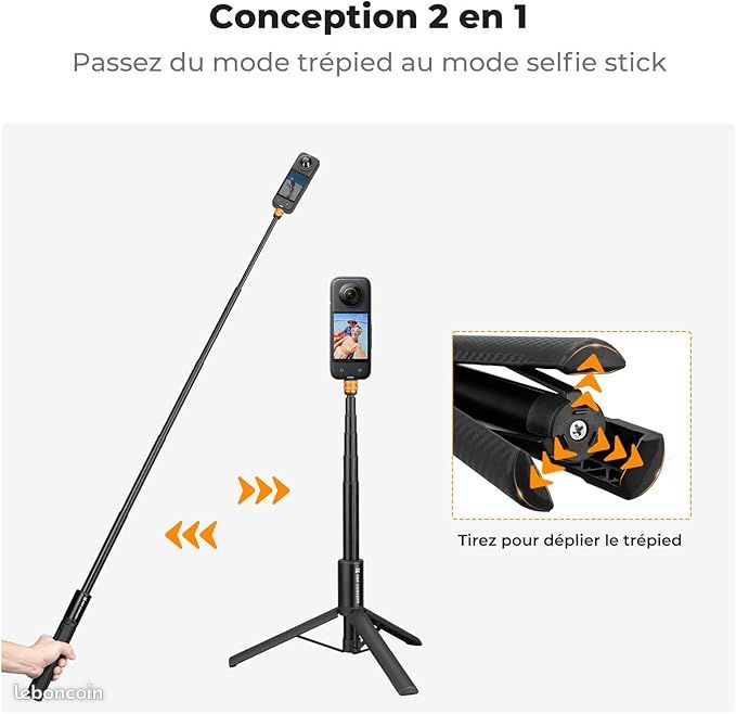 Perche à Selfie Smatree Extensible Avec Trépied - Compatible GoPro, DJI Osmo, Ricoh Theta - Tête 360° - Aluminium