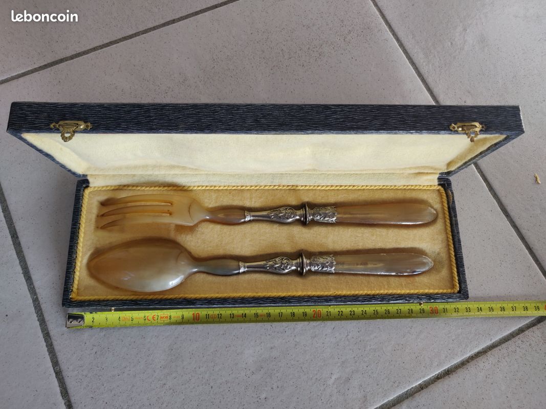 Service à Salade Art Déco Ancien - Couverts En Argent Et Corne - Écrin Inclus
