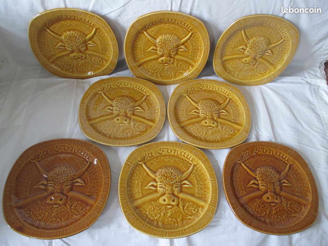 LOT DE 7 Assiettes à Fondue en Grès Longchamp Marron Beige France EUR 25,00 - FR