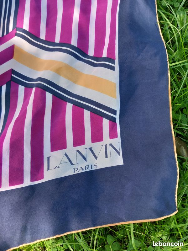 Foulard En Soie Lanvin Paris Vintage - 90x90 Cm - Couleurs Violet, Bleu, Gris