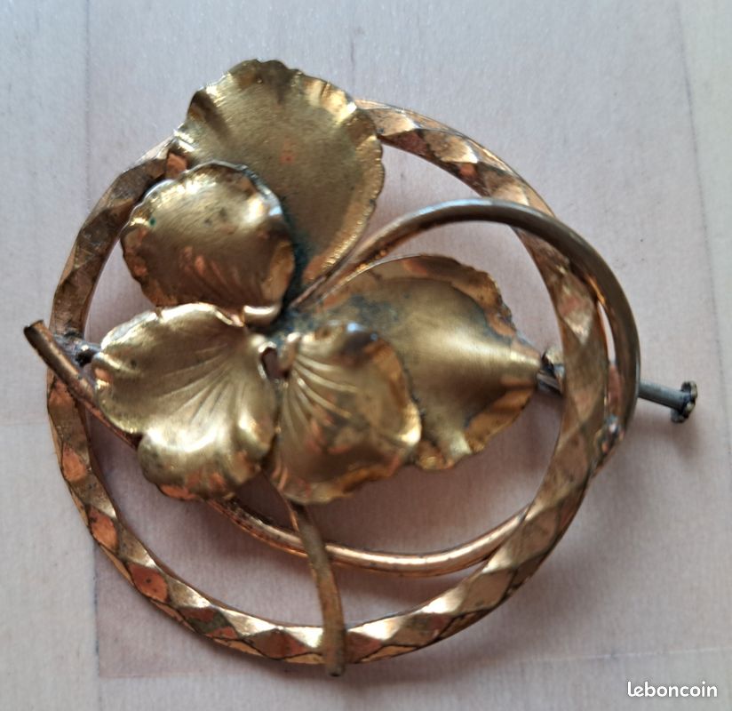Broche Ancienne Décor Floral Peint Sur Métal - Alliage Doré - Bijou Vintage Occasion