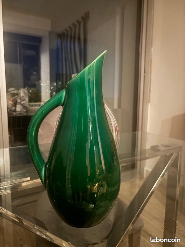 Pichet / Vase vintage Val d'Or pour Gien – Céramique émaillée verte – Années 50/60 (image 1)