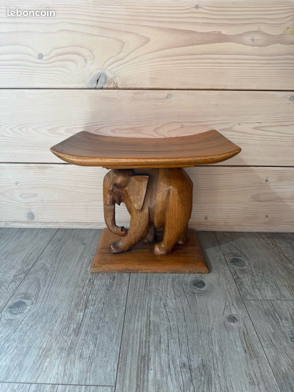 Tabouret vintage éléphant Teck 1950s déco africain (image 1)