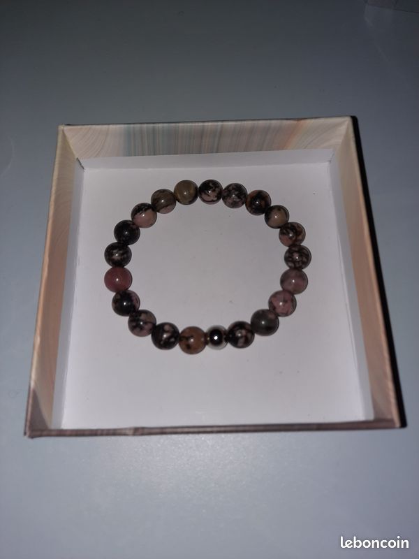 Bracelet Perles Rhodonite Et Hématite Fait Main - Sur Mesure 8mm - Sans Fermoir, Neuf