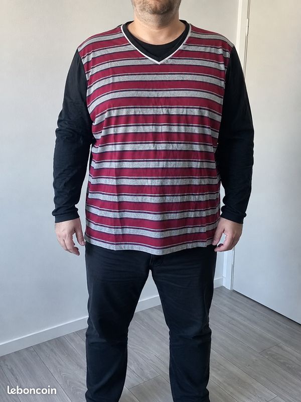 T-shirt manches longues Tissaia XXL – Rayé bordeaux & gris – Col V (image 1)