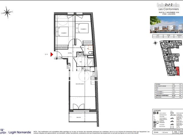 Appartement 3 pièces 57 m² · à Louviers · 57 m² · 665 €/mois