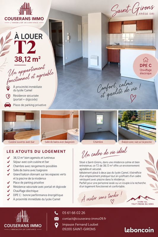 Appartement 2 pièces 38 m² · à Saint-Girons · 38,1 m² · 485 €/mois