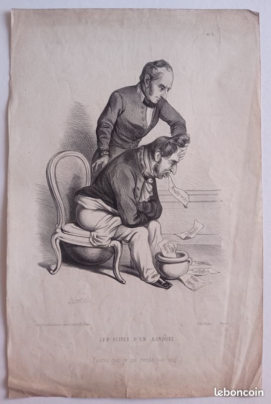 Gravure ancienne "Les suites d'un banquet" caricatures Louis-Philippe et Guizot 1848 (image 1)