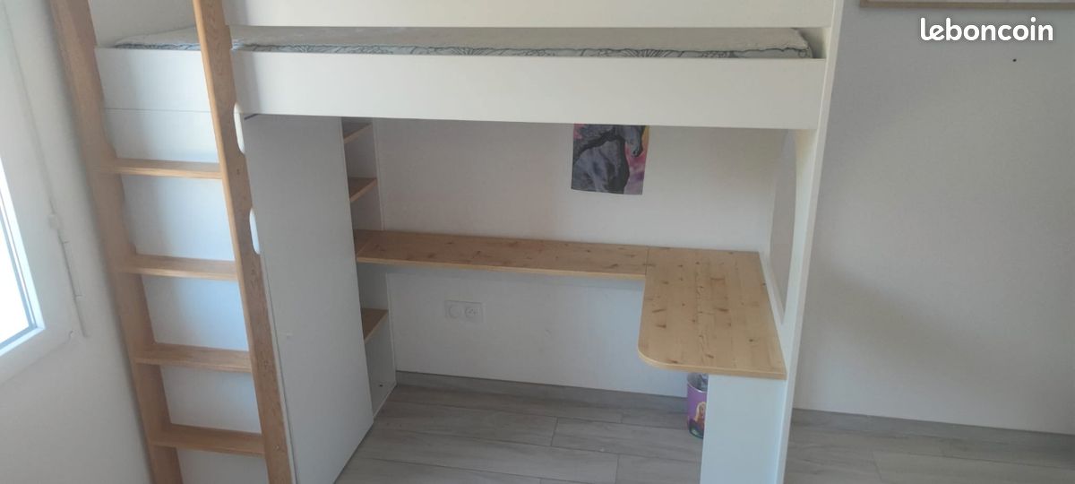 Lit mezzanine 1 place avec bureau et rangements avec matelas (image 2)