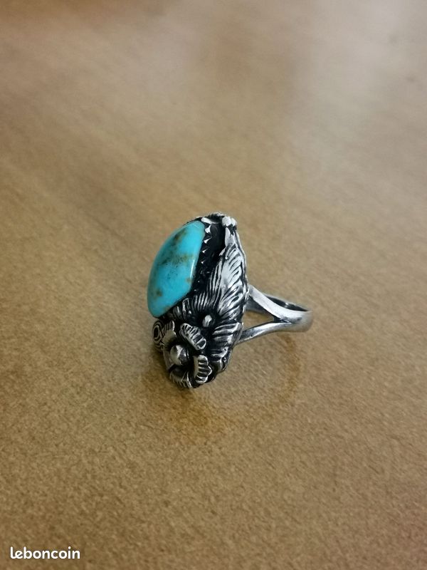 Bague Amérindienne Zuni En Argent Sterling - Turquoise Et Corail - Taille 70 - Occasion - Rare