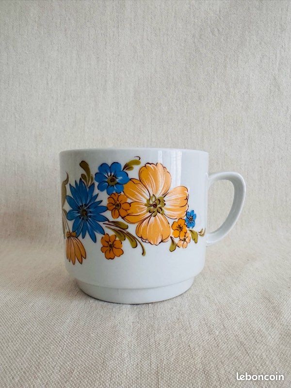 Lot De 4 Petites Tasses à Café Arcopal Vintage - Fleurs Orange Scania, Occasion