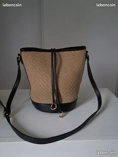 Sac à main noir et beige tressé avec bandoulière, fond rond NEUF 10 (image 1)