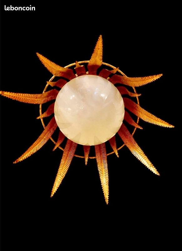 Lustre Suspension globe verre opaline métal dorure vintage design , 1950 (image 5)