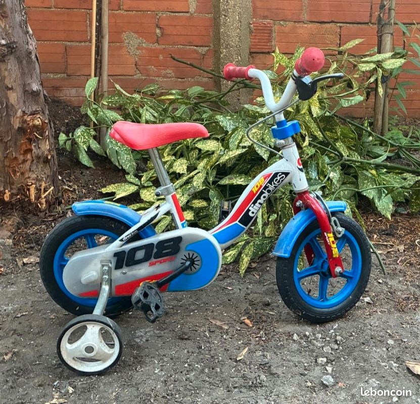 RULLY Vélo Dinosaur 14 Pouces pour Garçon 3-5 Ans – Bleu – avec roulettes Amovibles, Frein à Main et Frein à Rétropédalage, Panier