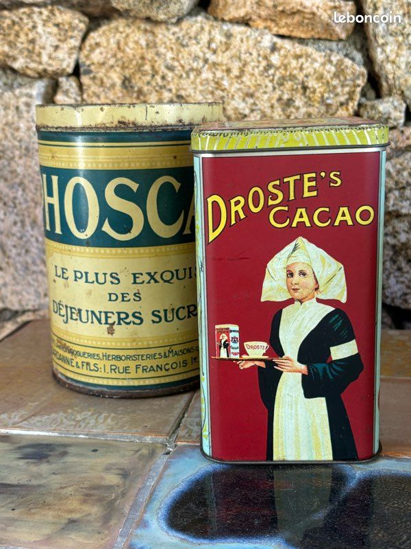 4 Boîtes Métal Tôle Serigraphiée Vintage Publicitaire Ancienne DROSTE PHOSCAO ELESCA THÉ cuisine (image 2)