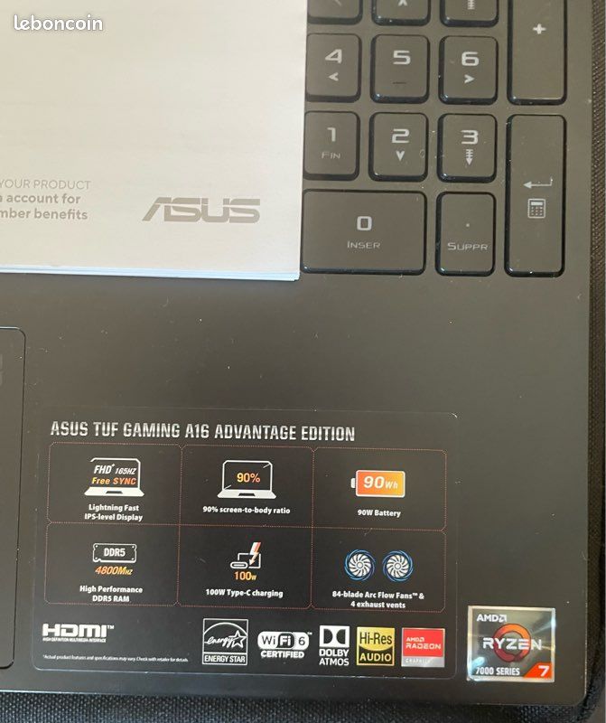 Ordinateur / PC portable / ASUS TUF Gaming A16 – Ryzen 7 7435HS / RX 7600S 8 Go / 16 Go RAM / SSD 512 Go (image 3)