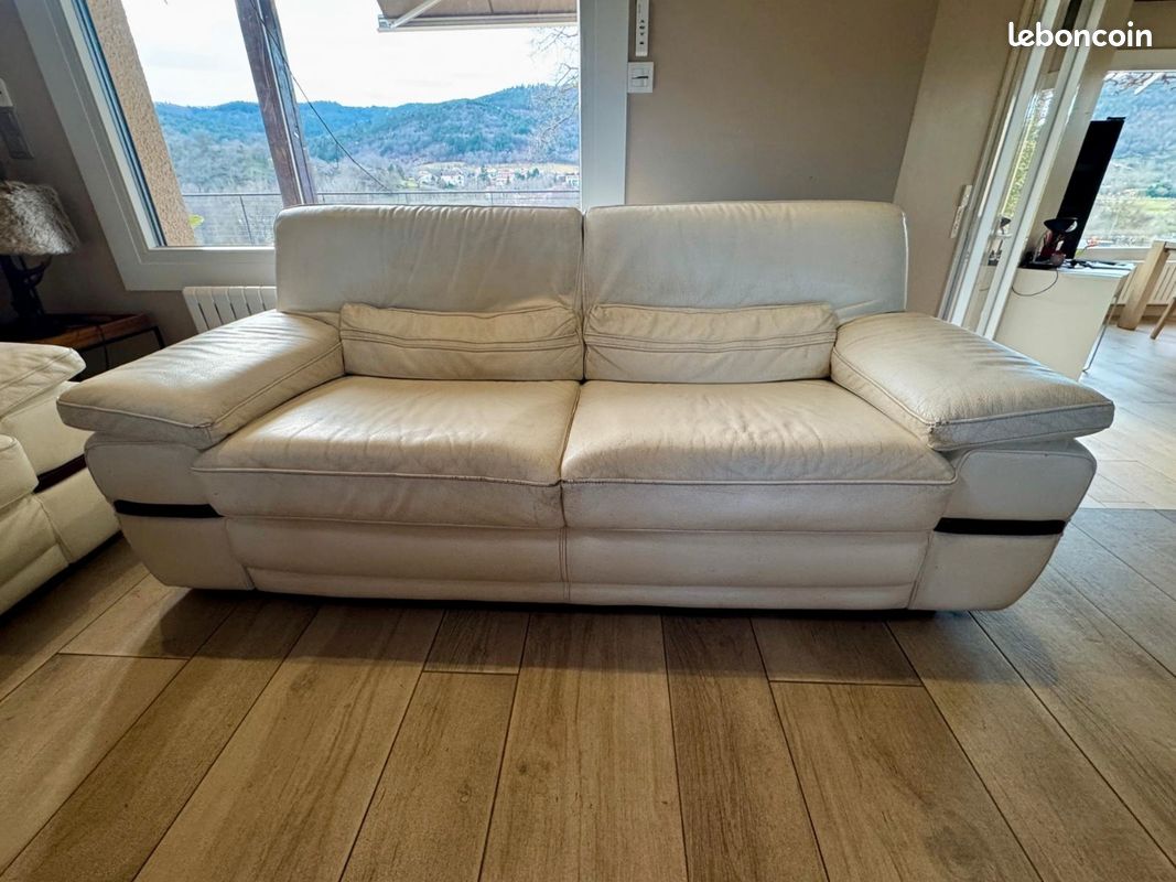Canapé D'angle En Cuir Pleine Fleur Château D'Ax - Beige Et Gris