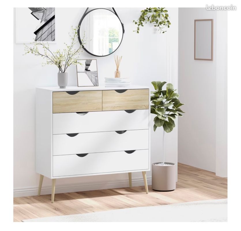 Homcom - Commode 5 tiroirs design scandinave blanc aspect chêne clair (image 1)