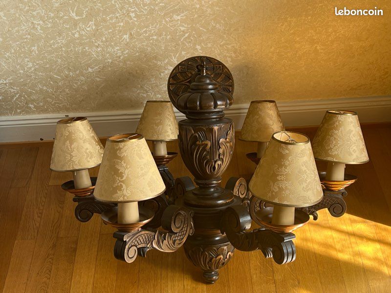 Lustre vintage en bois sculpté – 6 branches – style rustique / néo-Renaissance (image 2)