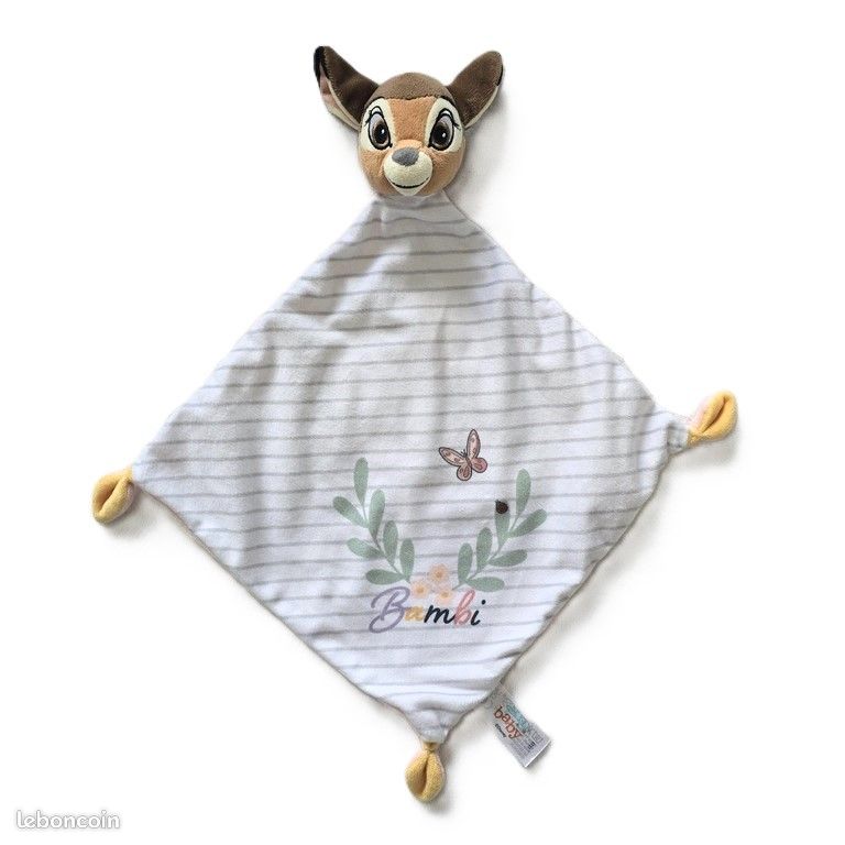 Doudou plat Faon Bambi rayé gris blanc papillon dos rose DISNEY