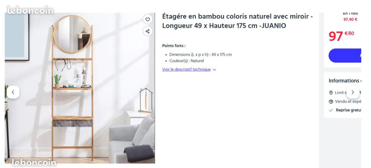 Meuble DECORATION Console avec étagère et miroir neuve 175cm X49cm (image 2)