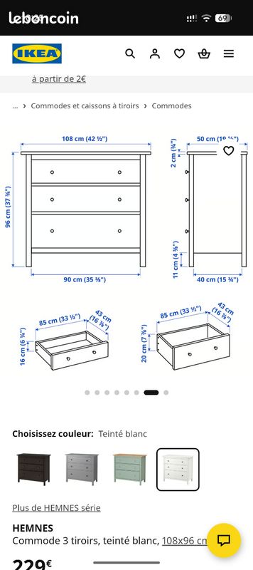 Commode Hemnes Ikea, 3 tiroirs, teinté blanc, 108x96 cm
Commode 3 tiroirs, teinté blanc, 108x96 cm
Commode 3 tiroirs, teinté blanc (image 3)