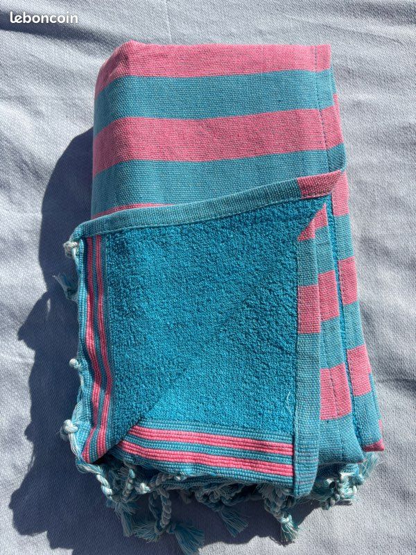 Fouta 100/200 cm doublé éponge turquoise et rose - Serviette de plage/bain (image 1)