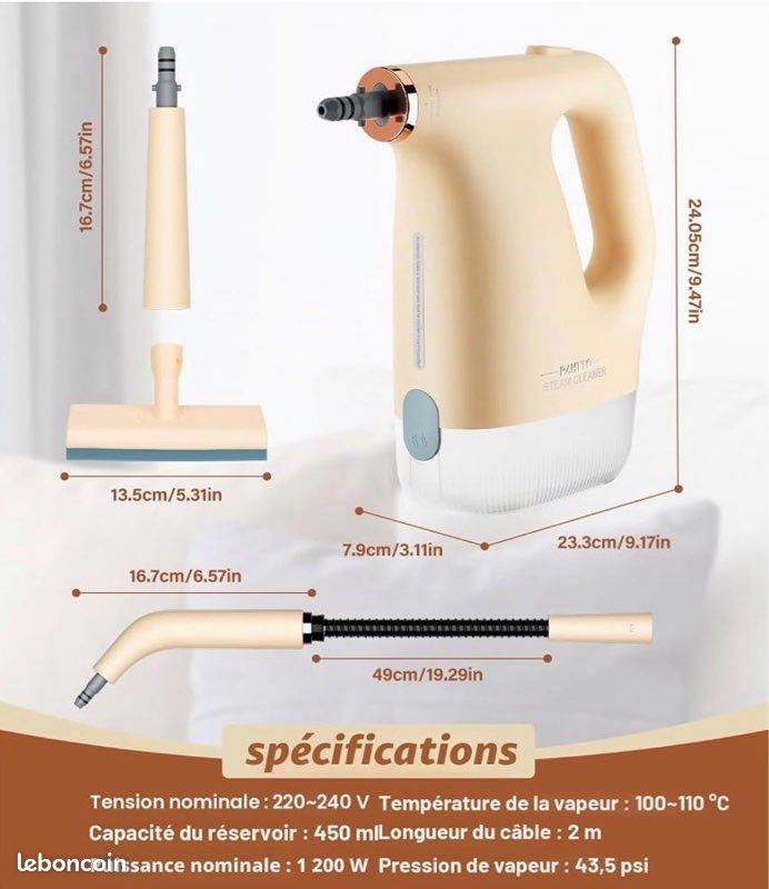 Nettoyeur Vapeur Main 1200W - 15 Accessoires - Chauffe en 20s - Réservoir 450ml (image 8)
