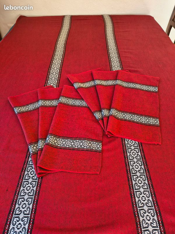 Nappe Ancienne Dralon Vert Foncé + 12 Serviettes De Table - Set Acrylique Vintage