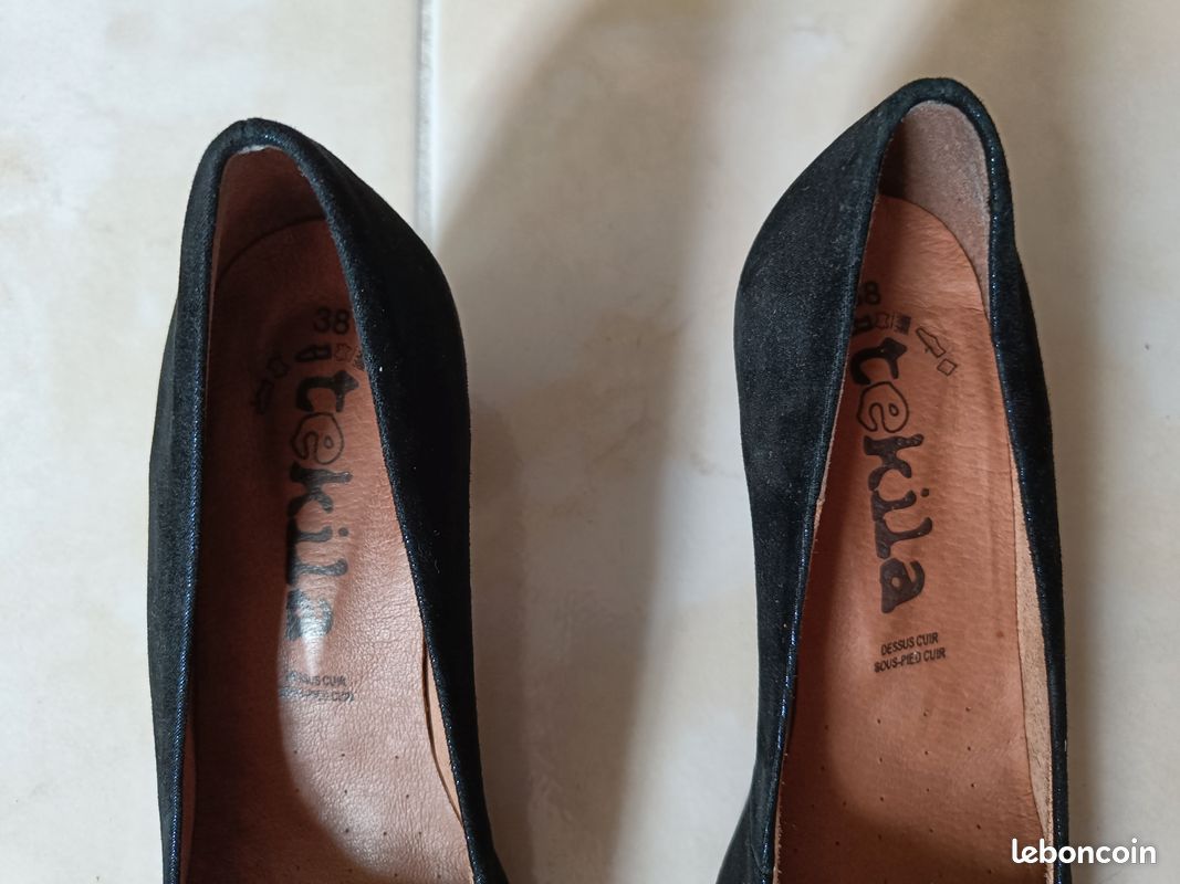 Belles chaussures escarpins à petit talon cuir véritable qualité élégants femme bleu marine doré (image 6)