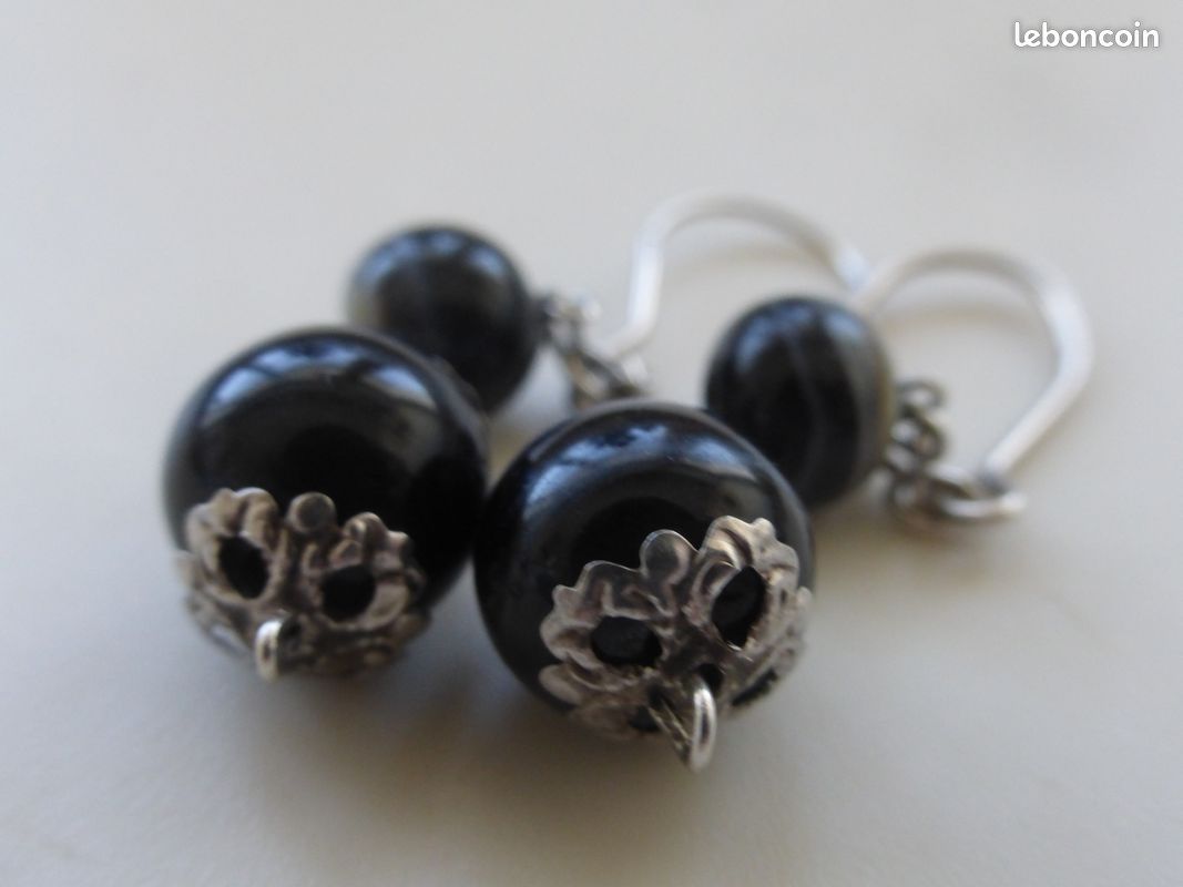 Boucles d'oreilles argent poinçon 925 et testés, pendantes chainette perles noires 5gr h.6cm tbé (image 6)