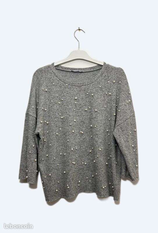 Pull Zara Gris Perlé Manches 3/4 - Taille S - Occasion Très Bon état