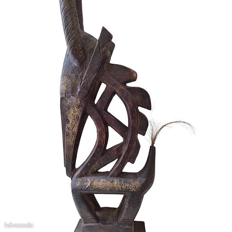 Masque cimier bois et laiton Bambara Tyi Wara du Mali Hauteur 52 cm Art africain art tribal ethnique sculpture vintage en bois et laiton (image 5)